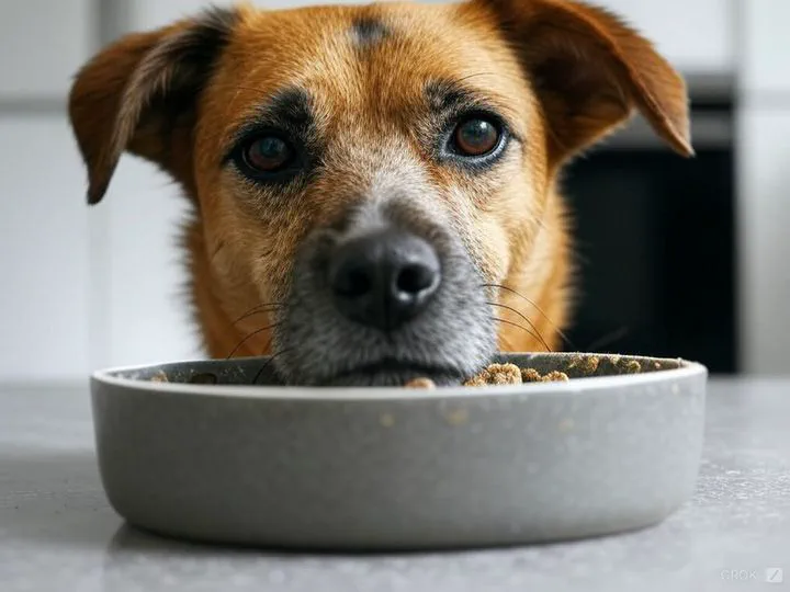 Cane che guarda la ciotola con disinteresse